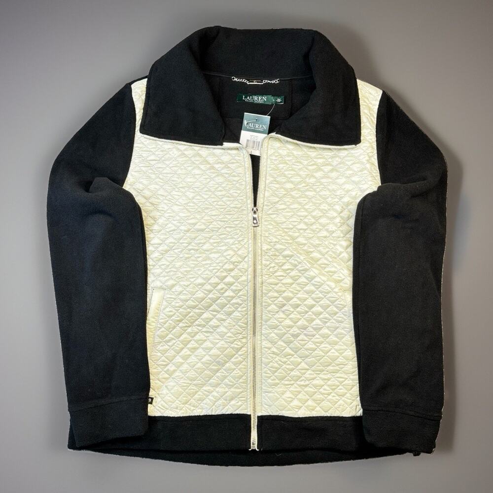 Lauren Ralph Lauren Women's White Quilted Front Fleece Black Jacket ~ Size Large